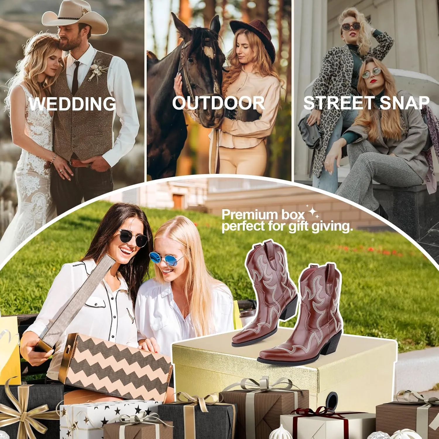 Wide Calf Cowgirl Ankle Boots Women Western Embroidered Ankle Boots Closed Pointed Toe Pull On Cowboy Ankle Booties Lady Retro Country Ankle Boots Size 7-10