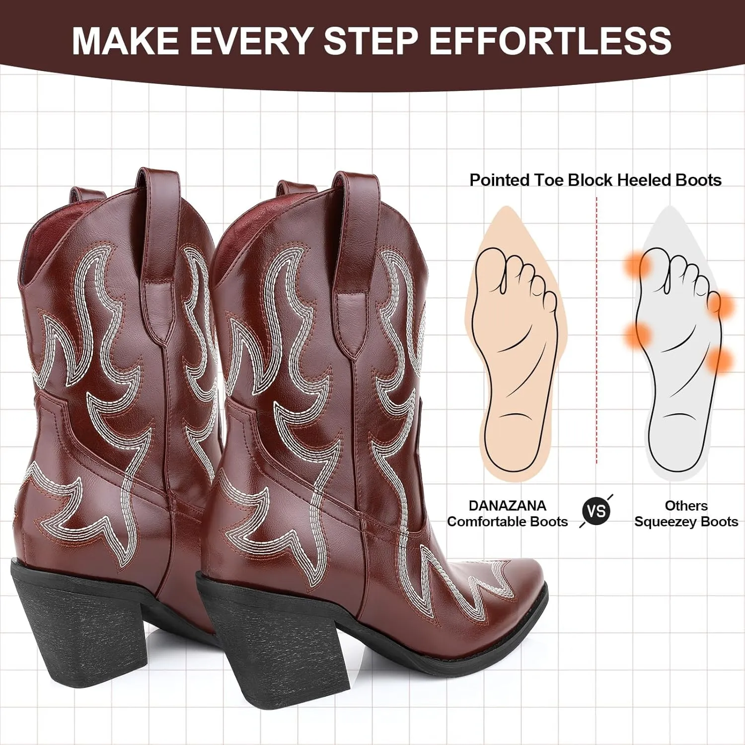 Wide Calf Cowgirl Ankle Boots Women Western Embroidered Ankle Boots Closed Pointed Toe Pull On Cowboy Ankle Booties Lady Retro Country Ankle Boots Size 7-10
