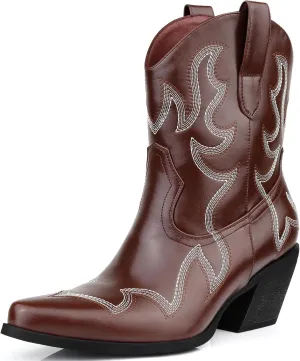 Wide Calf Cowgirl Ankle Boots Women Western Embroidered Ankle Boots Closed Pointed Toe Pull On Cowboy Ankle Booties Lady Retro Country Ankle Boots Size 7-10