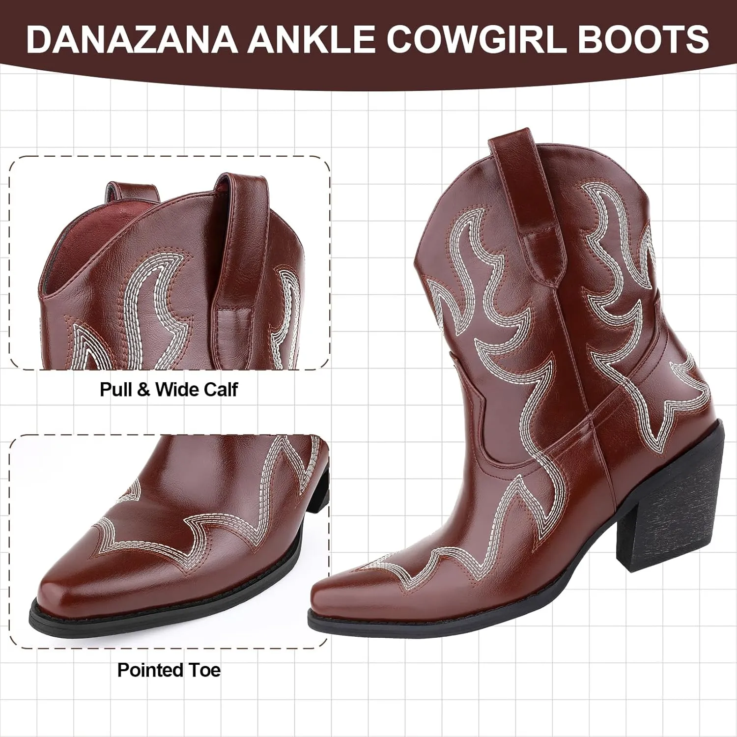 Wide Calf Cowgirl Ankle Boots Women Western Embroidered Ankle Boots Closed Pointed Toe Pull On Cowboy Ankle Booties Lady Retro Country Ankle Boots Size 7-10