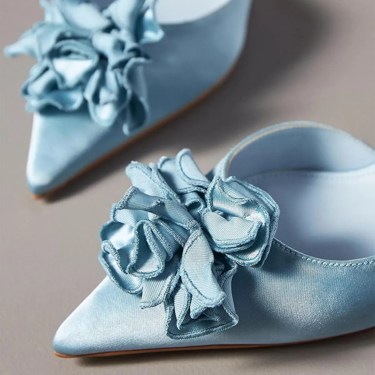 Women Graceful Flower Decor Pointed Toe Satin Slingback Pumps Slip on Low Kitten Heel Sandals Elegant Party Event Shoes Size 4-16 US