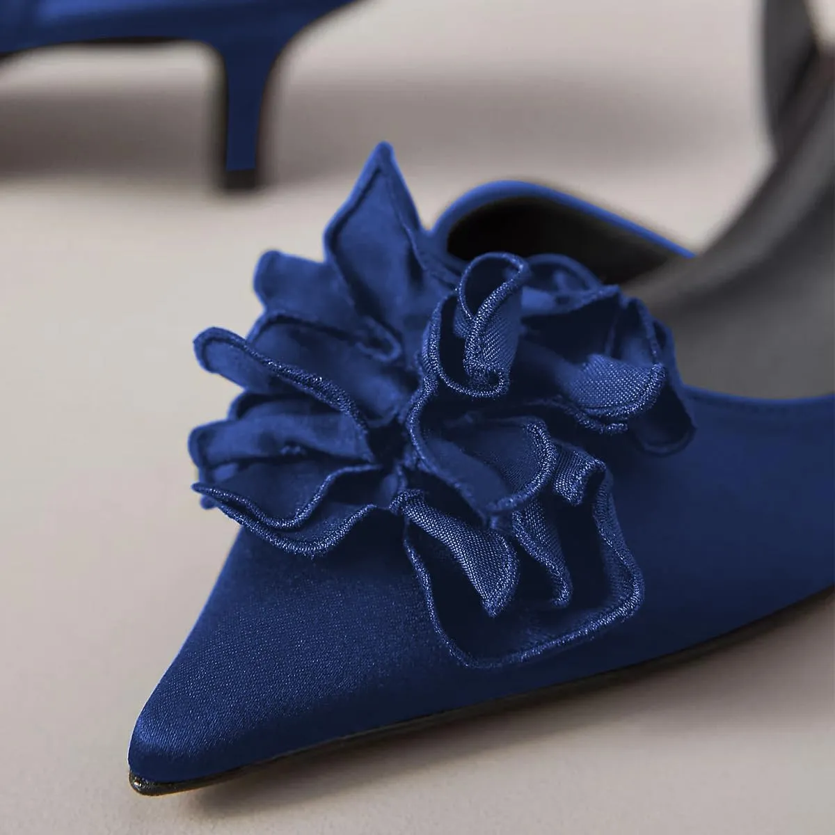 Women Graceful Flower Decor Pointed Toe Satin Slingback Pumps Slip on Low Kitten Heel Sandals Elegant Party Event Shoes Size 4-16 US