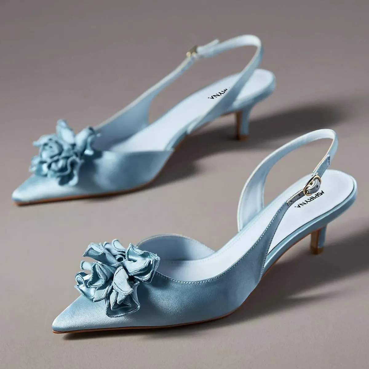 Women Graceful Flower Decor Pointed Toe Satin Slingback Pumps Slip on Low Kitten Heel Sandals Elegant Party Event Shoes Size 4-16 US