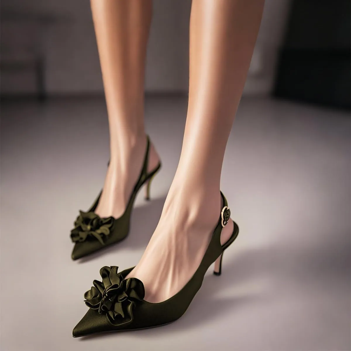 Women Graceful Flower Decor Pointed Toe Satin Slingback Pumps Slip on Low Kitten Heel Sandals Elegant Party Event Shoes Size 4-16 US