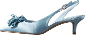 Women Graceful Flower Decor Pointed Toe Satin Slingback Pumps Slip on Low Kitten Heel Sandals Elegant Party Event Shoes Size 4-16 US