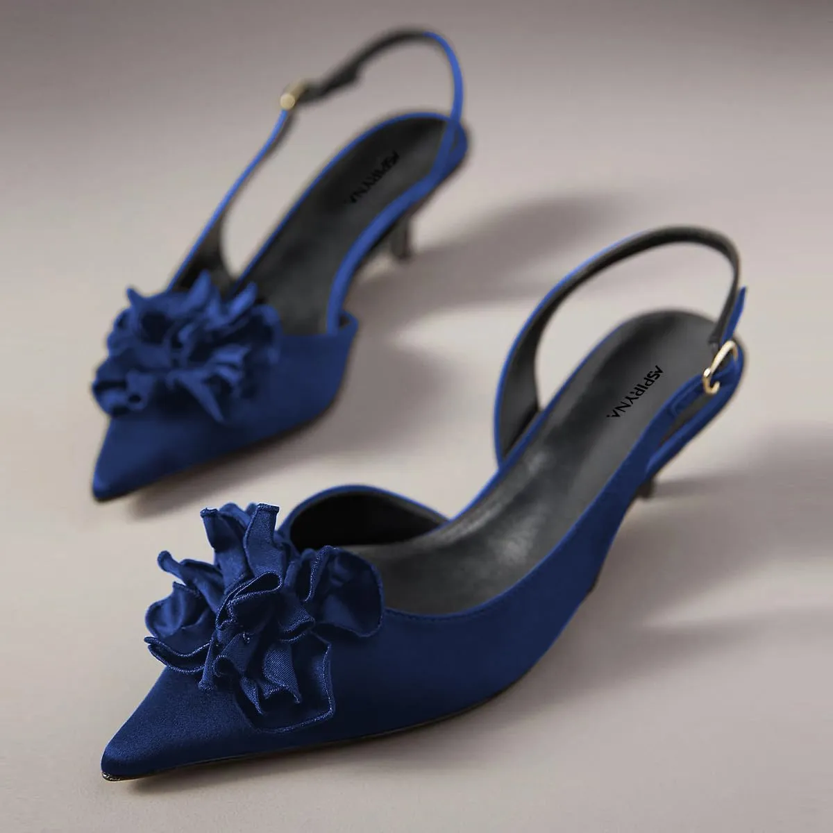 Women Graceful Flower Decor Pointed Toe Satin Slingback Pumps Slip on Low Kitten Heel Sandals Elegant Party Event Shoes Size 4-16 US