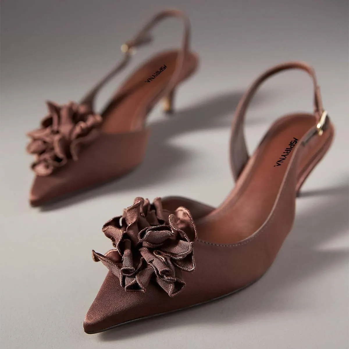 Women Graceful Flower Decor Pointed Toe Satin Slingback Pumps Slip on Low Kitten Heel Sandals Elegant Party Event Shoes Size 4-16 US