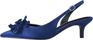Women Graceful Flower Decor Pointed Toe Satin Slingback Pumps Slip on Low Kitten Heel Sandals Elegant Party Event Shoes Size 4-16 US