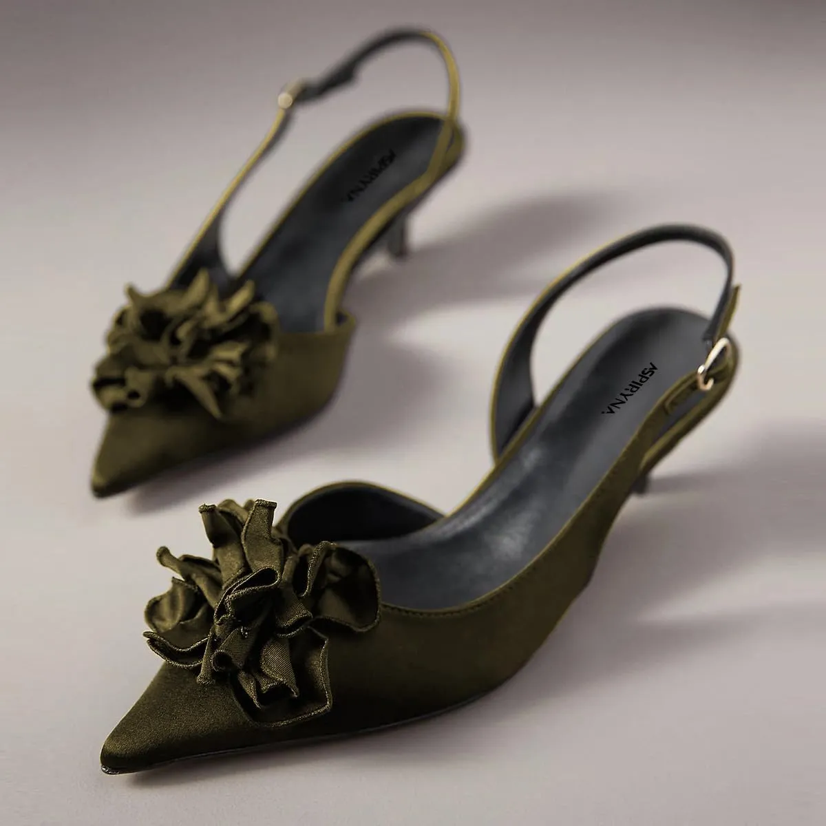 Women Graceful Flower Decor Pointed Toe Satin Slingback Pumps Slip on Low Kitten Heel Sandals Elegant Party Event Shoes Size 4-16 US