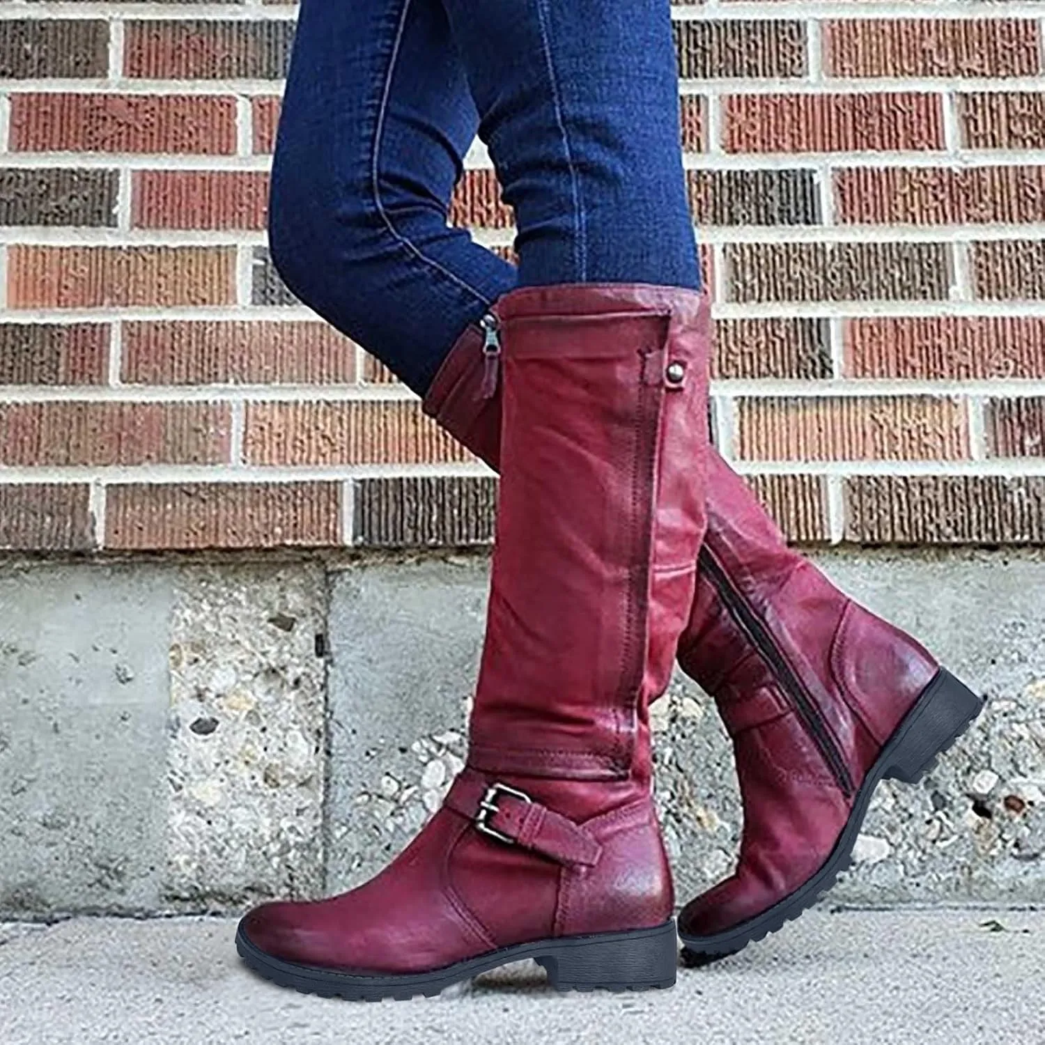 Women Low Heel Knee High Boots Fall Winter Warm Long Boot Lug Sole Non-Slip Riding Booties Shoes Comfy Walking Boots