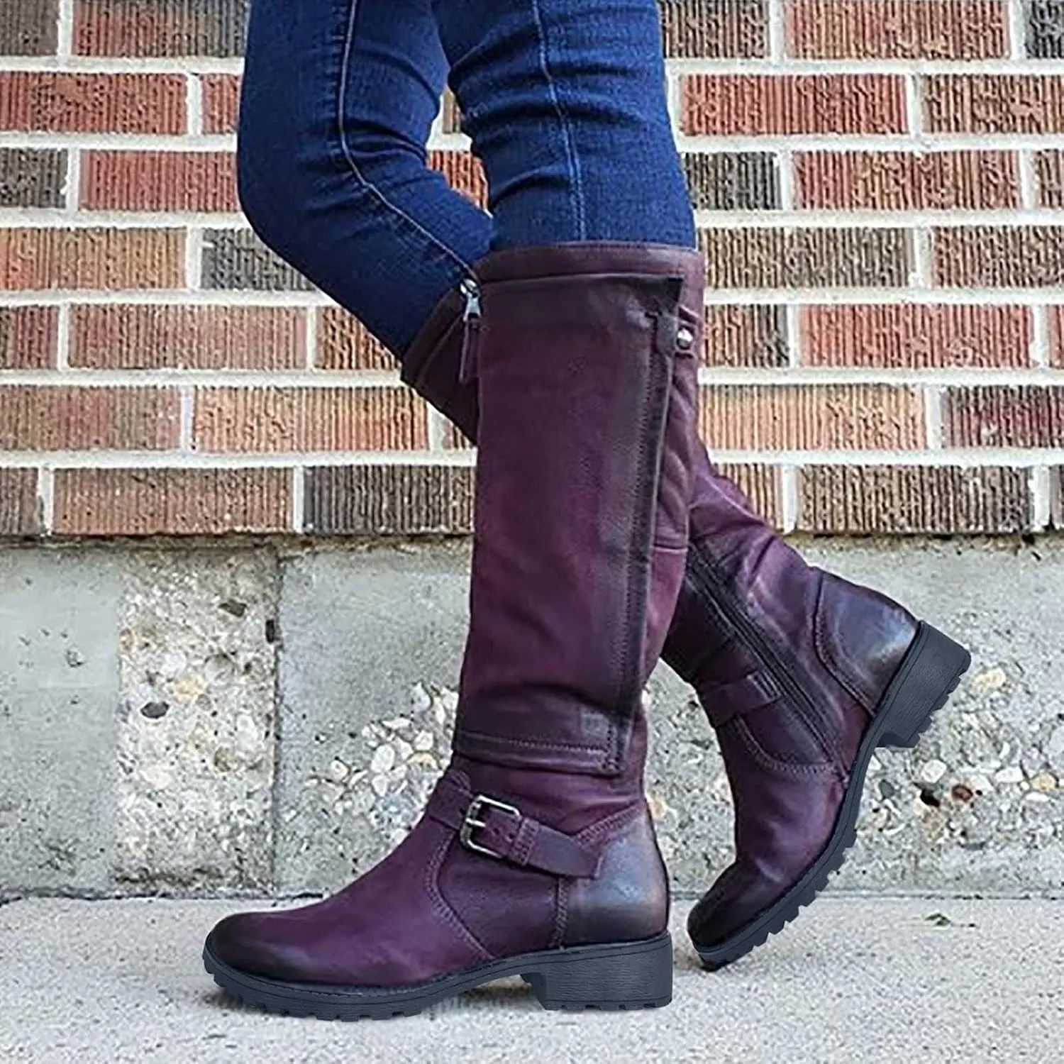 Women Low Heel Knee High Boots Fall Winter Warm Long Boot Lug Sole Non-Slip Riding Booties Shoes Comfy Walking Boots