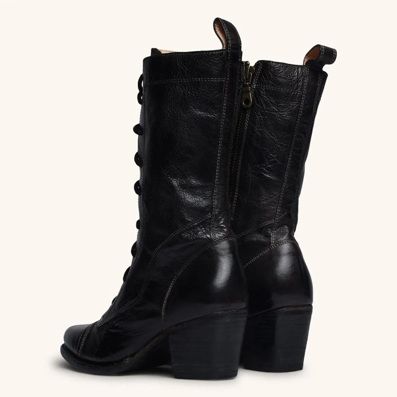 Women Mid Calf Boots Autumn And Winter Foreign Trade Large Fashion Retro Lace Up Comfortable Square Heel Thick Heel Cowboy Outfit