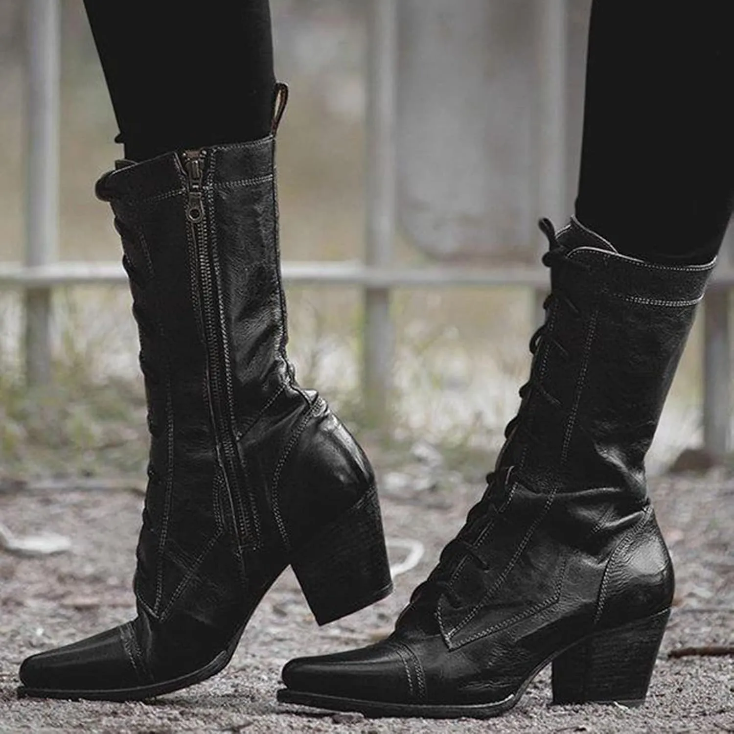 Women Mid Calf Boots Autumn And Winter Foreign Trade Large Fashion Retro Lace Up Comfortable Square Heel Thick Heel Cowboy Outfit