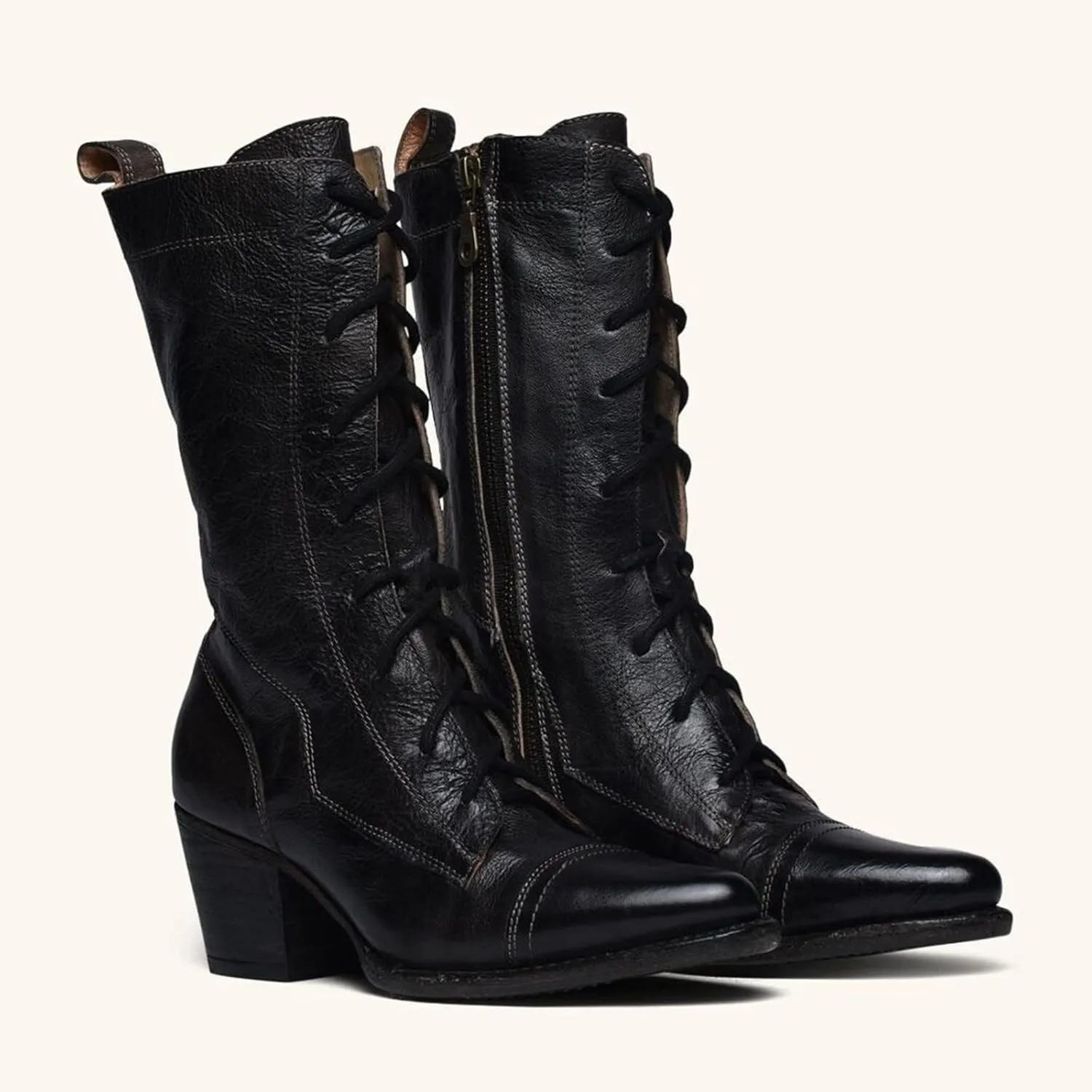 Women Mid Calf Boots Autumn And Winter Foreign Trade Large Fashion Retro Lace Up Comfortable Square Heel Thick Heel Cowboy Outfit