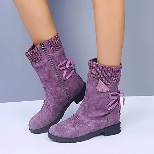 Women Mid Calf Snow Boots Fall Winter Anti-slip Walking Bootie Shoes Zipper Suede Boot Fashion Slouch Flat Booties