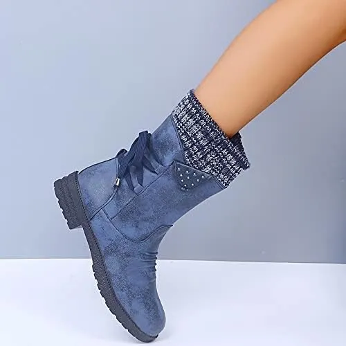 Women Mid Calf Snow Boots Fall Winter Anti-slip Walking Bootie Shoes Zipper Suede Boot Fashion Slouch Flat Booties