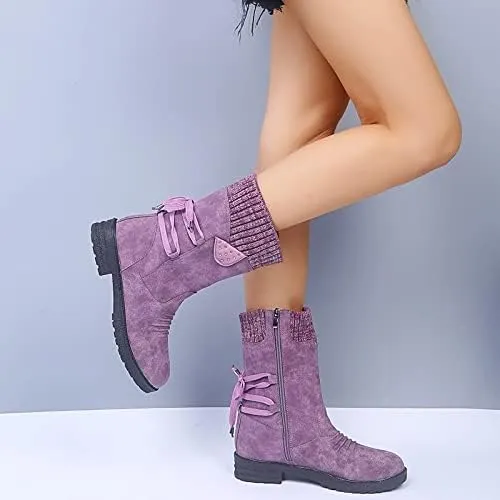 Women Mid Calf Snow Boots Fall Winter Anti-slip Walking Bootie Shoes Zipper Suede Boot Fashion Slouch Flat Booties