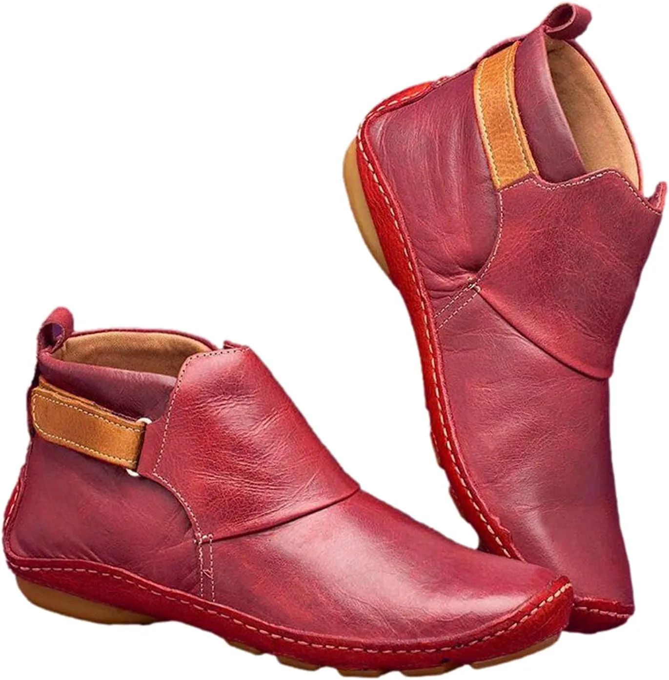 Womens Ankle Boots Low Chunky Heels Comfortable Short Fall Booties Leather Resistant Round Toe Flat Slouch Boot