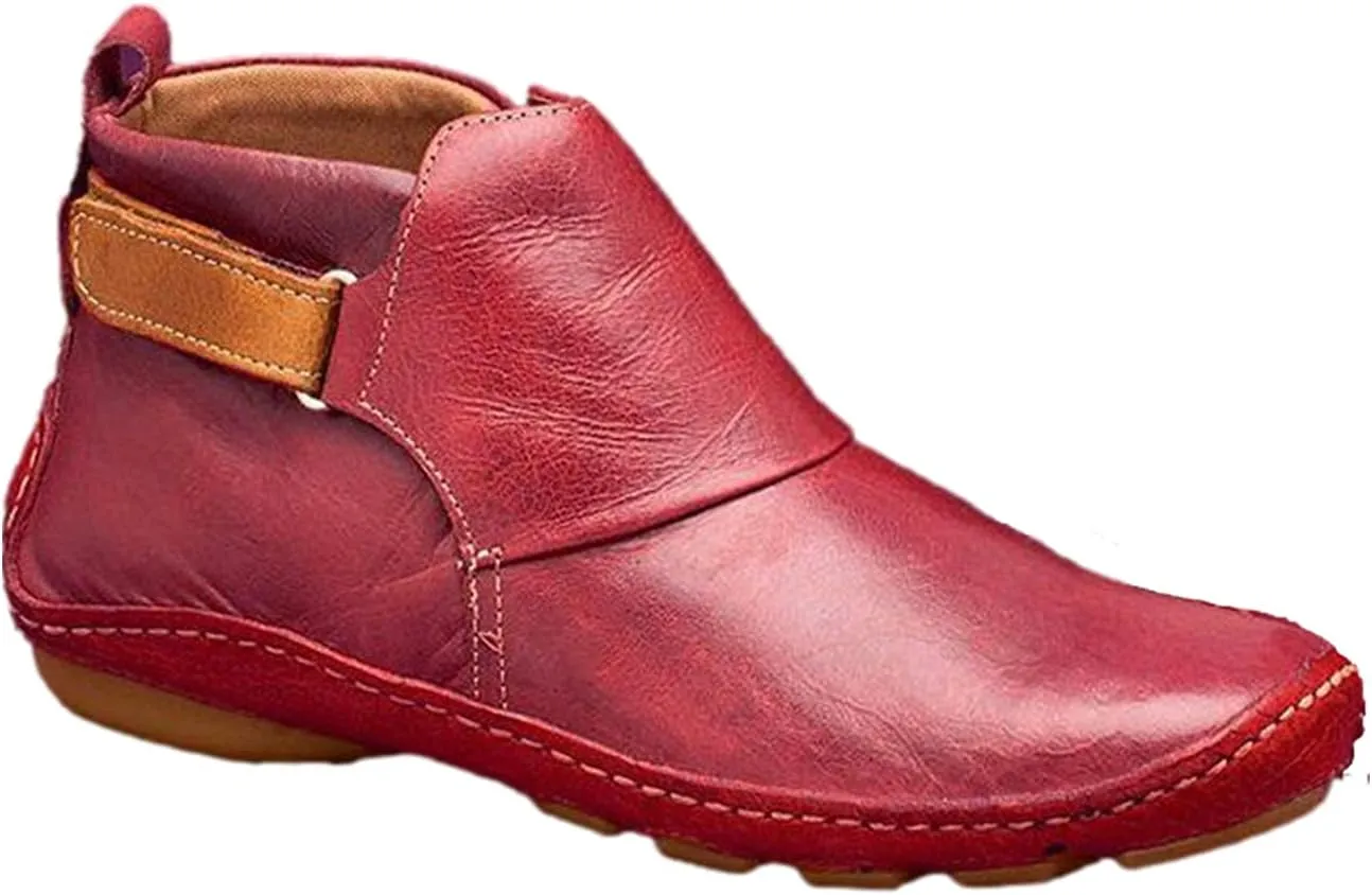 Womens Ankle Boots Low Chunky Heels Comfortable Short Fall Booties Leather Resistant Round Toe Flat Slouch Boot
