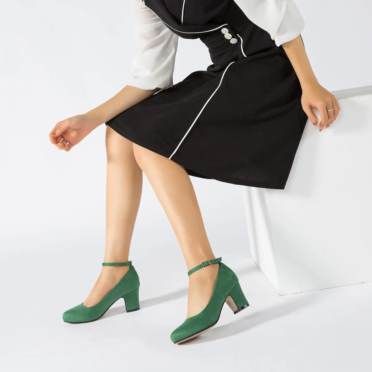 Women's Ankle Strap Low Block Chunky Heels Pumps Closed Round Toe Dress Wedding Office Work Shoes