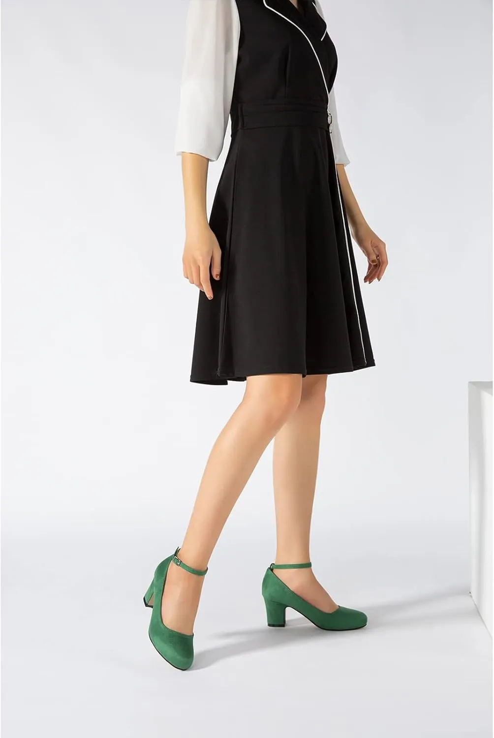 Women's Ankle Strap Low Block Chunky Heels Pumps Closed Round Toe Dress Wedding Office Work Shoes