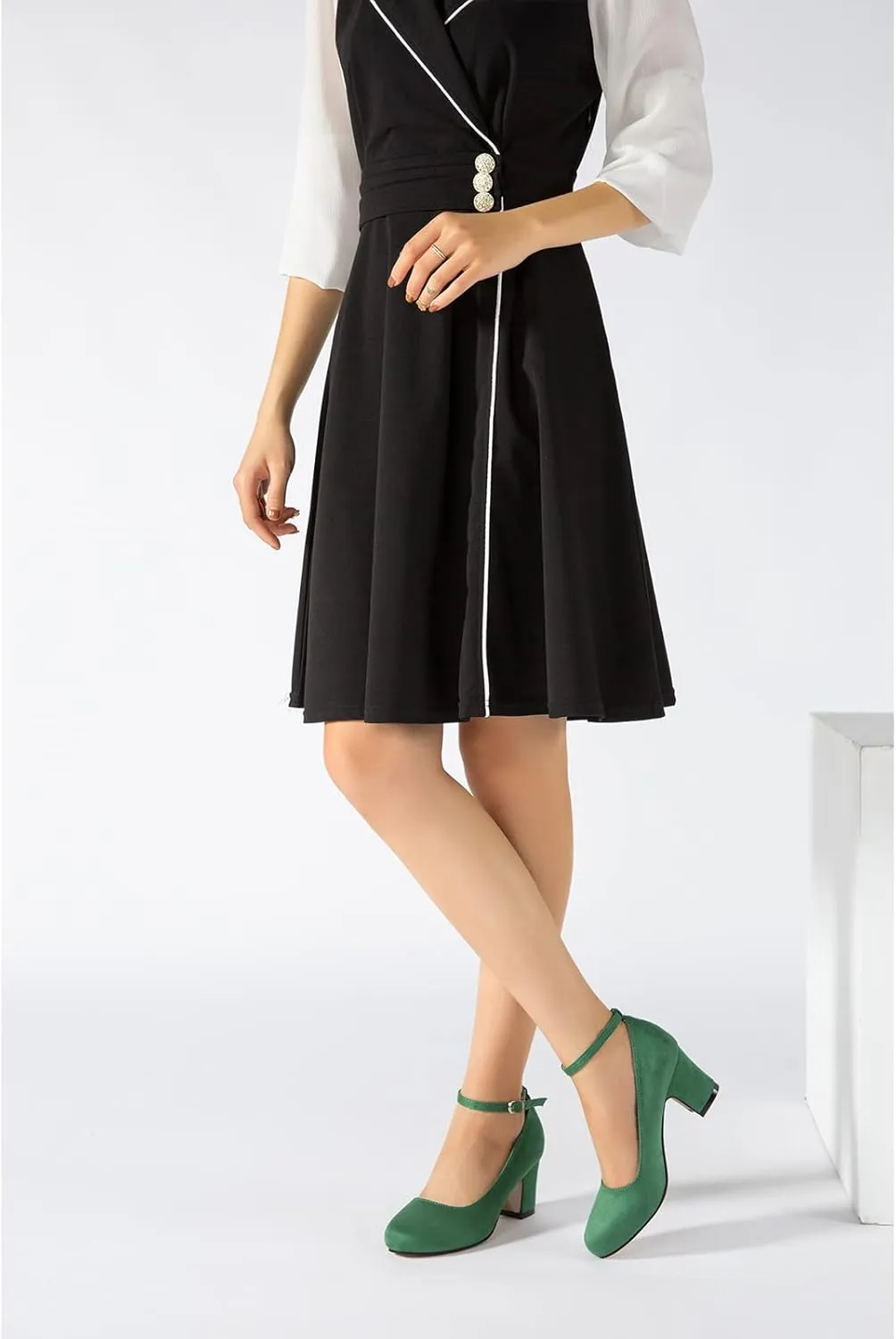 Women's Ankle Strap Low Block Chunky Heels Pumps Closed Round Toe Dress Wedding Office Work Shoes