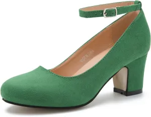 Women's Ankle Strap Low Block Chunky Heels Pumps Closed Round Toe Dress Wedding Office Work Shoes