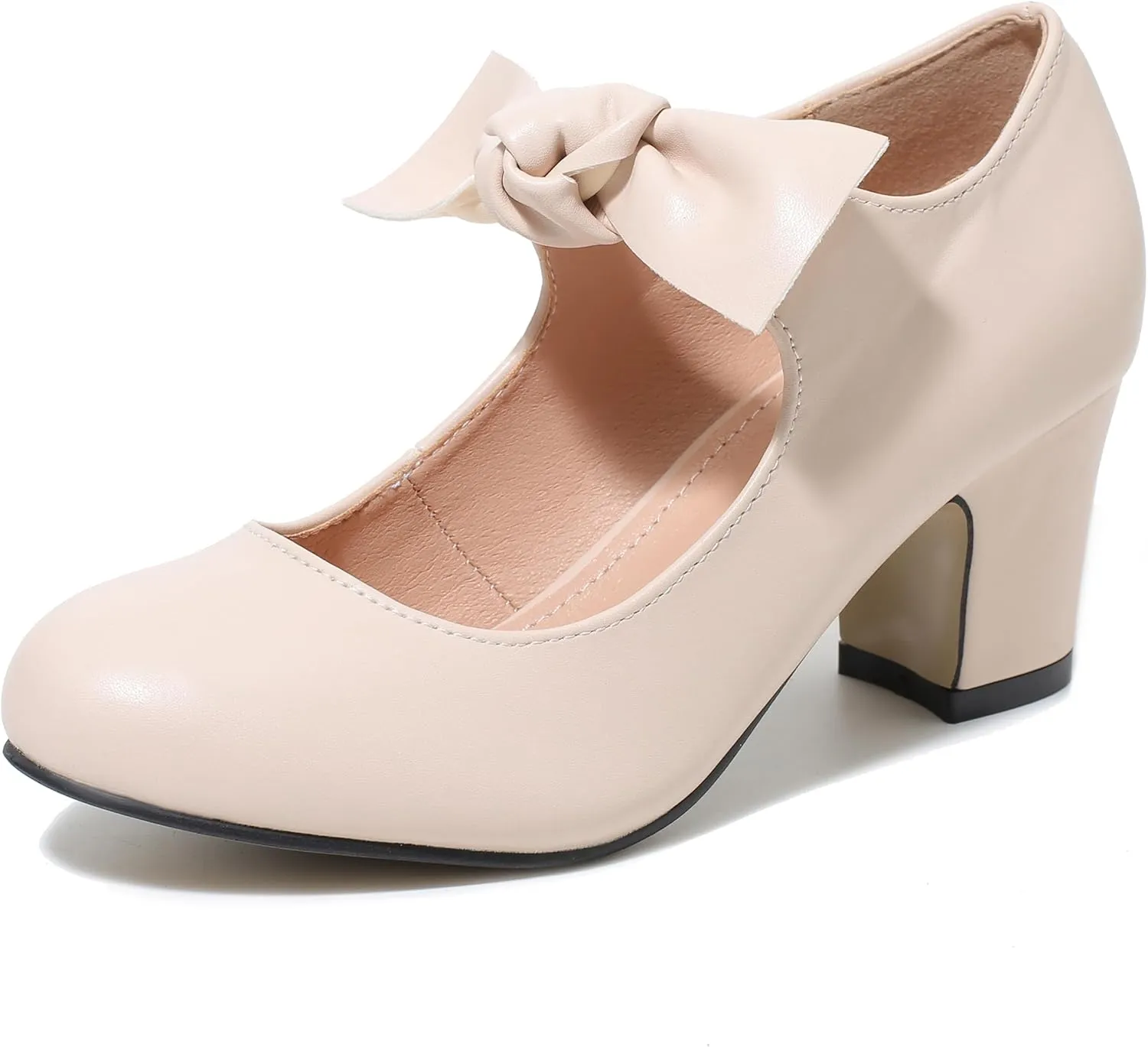 Women's Bow Mary Jane Low Block Chunky Heels Pumps Round Toe Low Heels Ankle Strap Wedding Dress Evening Party Shoes