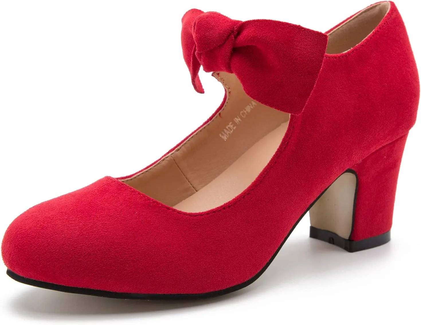 Women's Bow Mary Jane Low Block Chunky Heels Pumps Round Toe Low Heels Ankle Strap Wedding Dress Evening Party Shoes