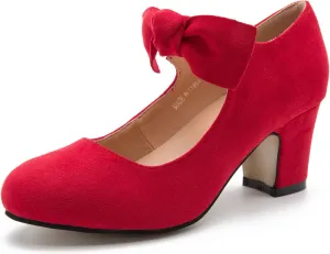 Women's Bow Mary Jane Low Block Chunky Heels Pumps Round Toe Low Heels Ankle Strap Wedding Dress Evening Party Shoes