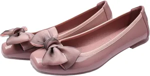 Women's Chic Patent Leather Ballet Flats Elegant Bow Square Toe Slip-On Shoes for Office Party Formal Events