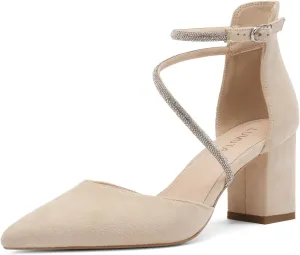 Women's Chunky Heels Pump Shoes Rhinestone Ankle Strap Pointed Toe Pumps Summer Sexy Comfortable High Heels Wedding Party Dress Work Block Heel Shoes