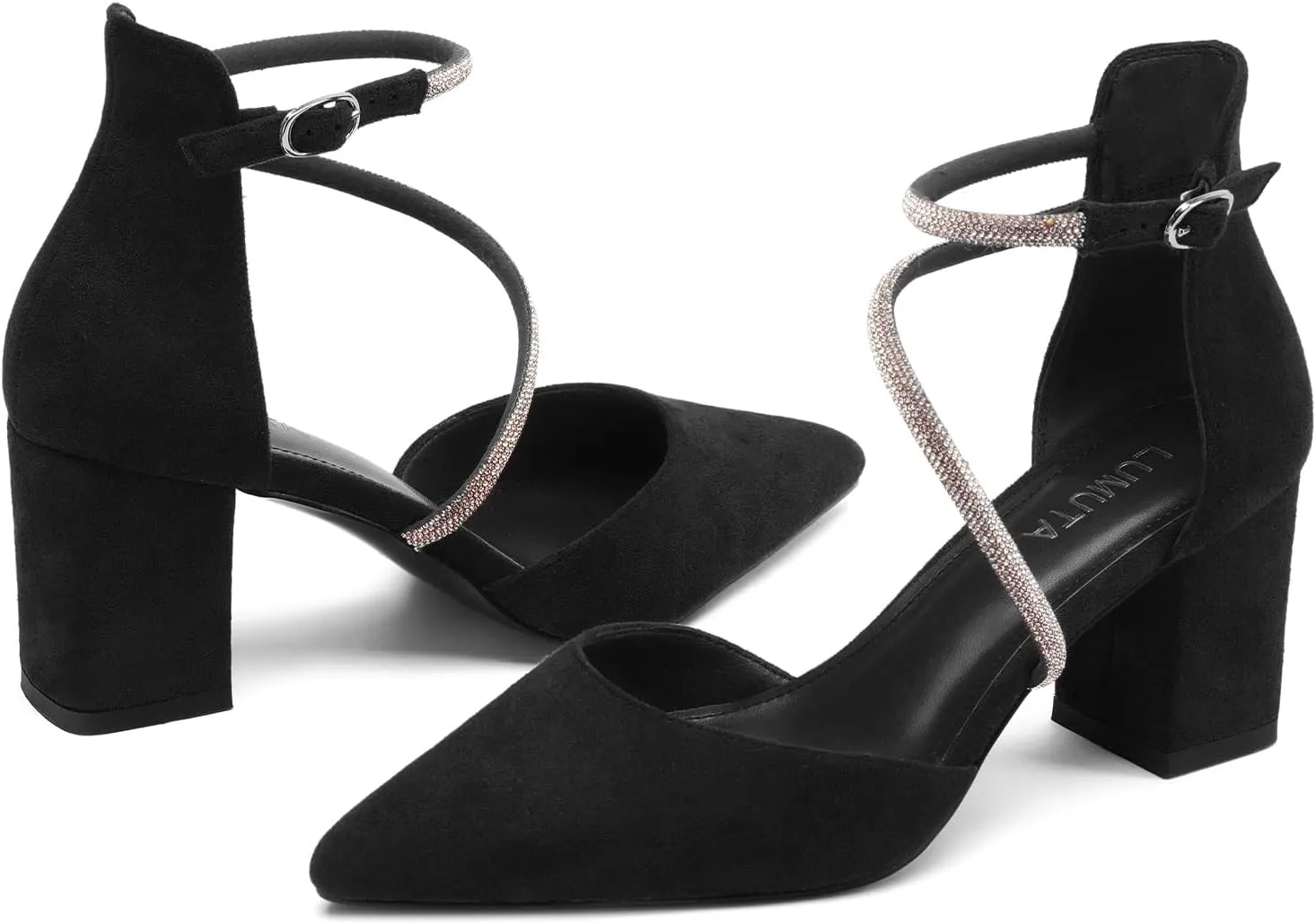 Women's Chunky Heels Pump Shoes Rhinestone Ankle Strap Pointed Toe Pumps Summer Sexy Comfortable High Heels Wedding Party Dress Work Block Heel Shoes