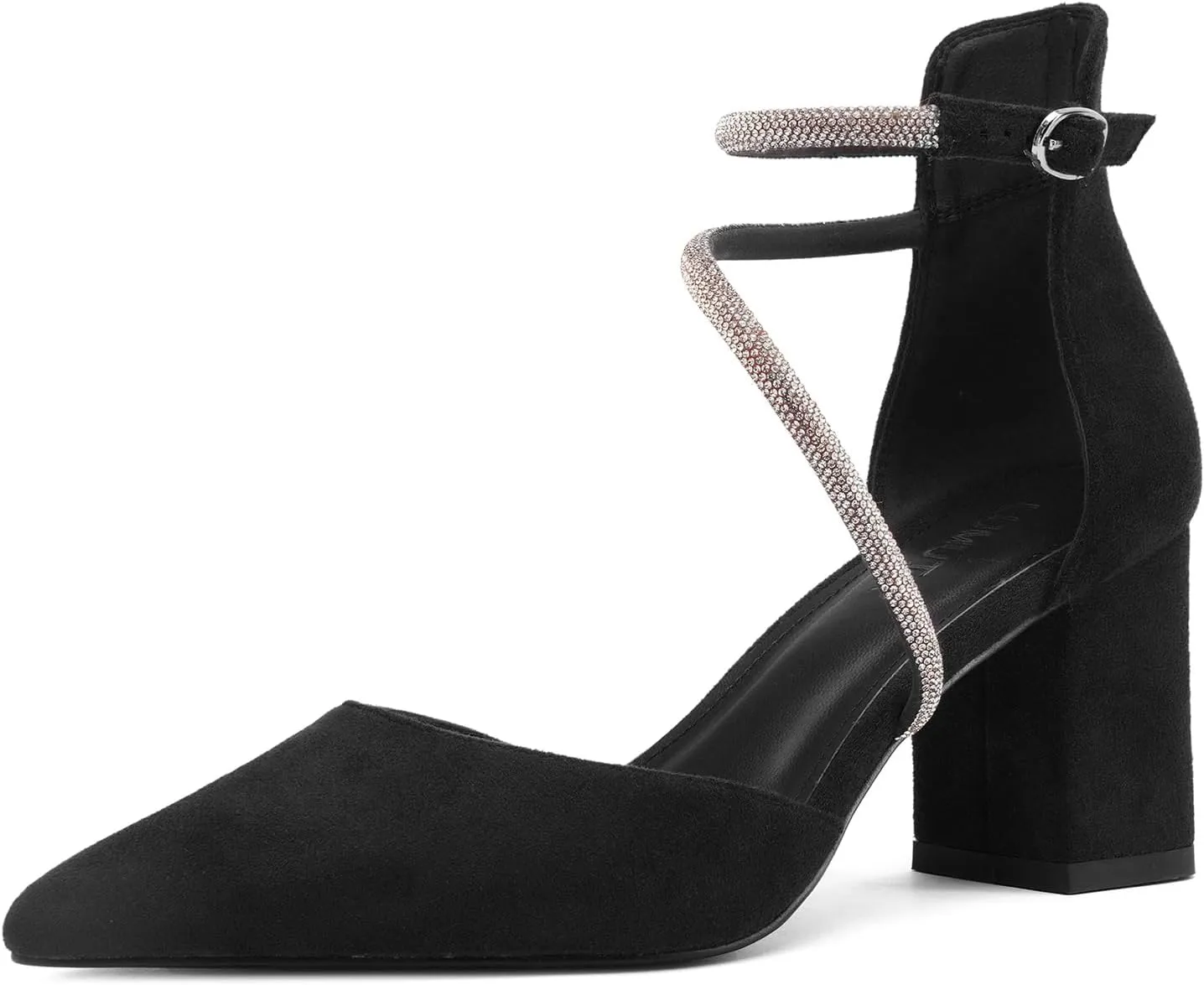 Women's Chunky Heels Pump Shoes Rhinestone Ankle Strap Pointed Toe Pumps Summer Sexy Comfortable High Heels Wedding Party Dress Work Block Heel Shoes