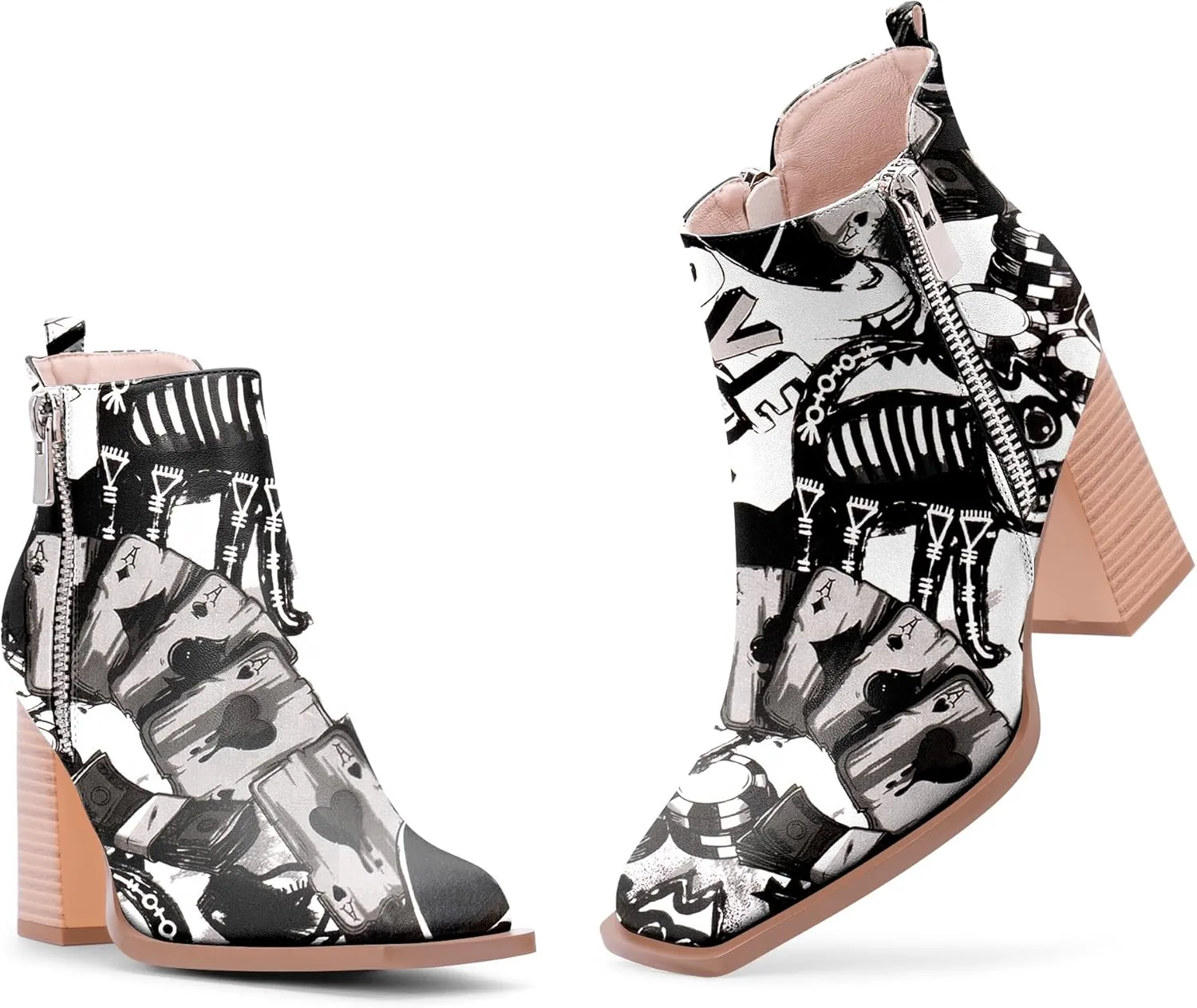 Women's Chunky High Heel Ankle Boots Side Zipper Square Toe Dress Booties