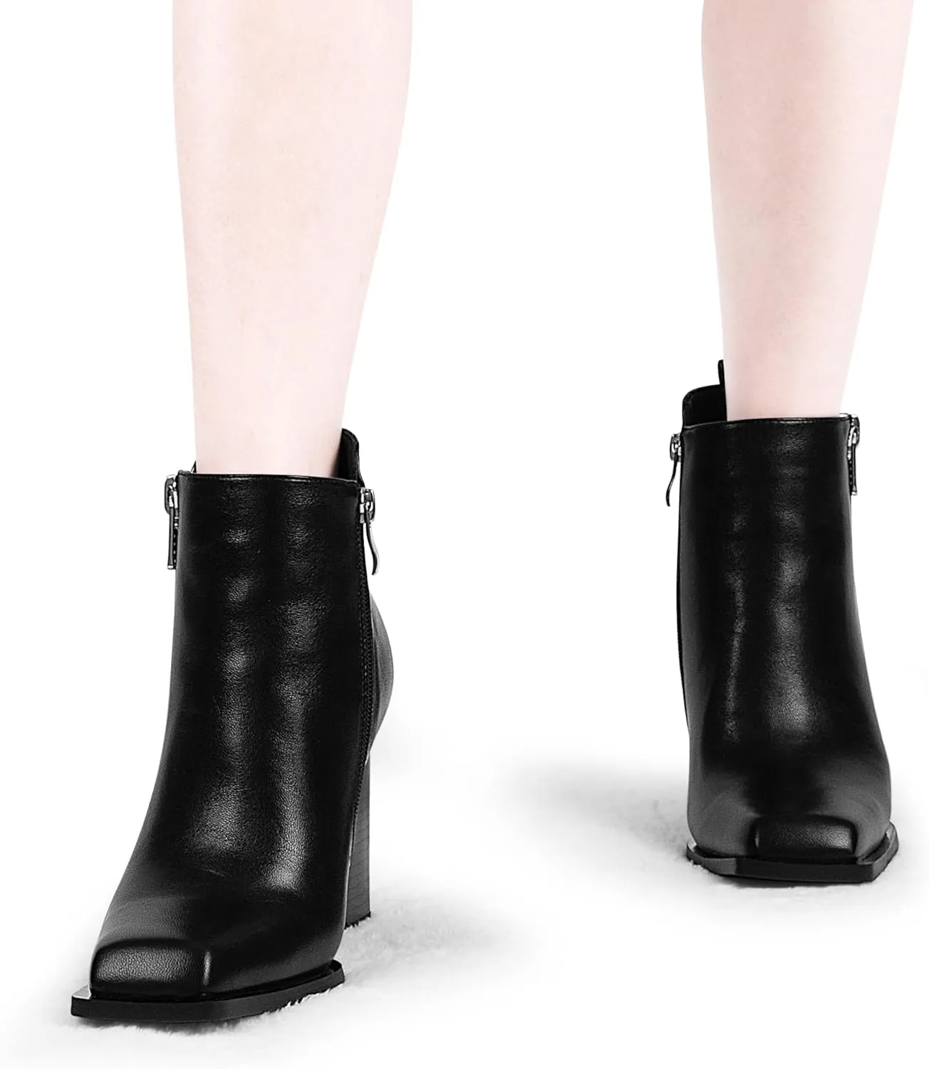 Women's Chunky High Heel Ankle Boots Side Zipper Square Toe Dress Booties