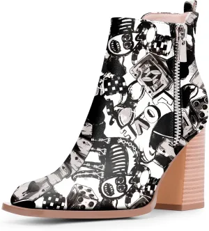 Women's Chunky High Heel Ankle Boots Side Zipper Square Toe Dress Booties