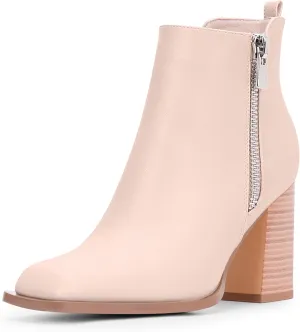 Women's Chunky High Heel Ankle Boots Side Zipper Square Toe Dress Booties