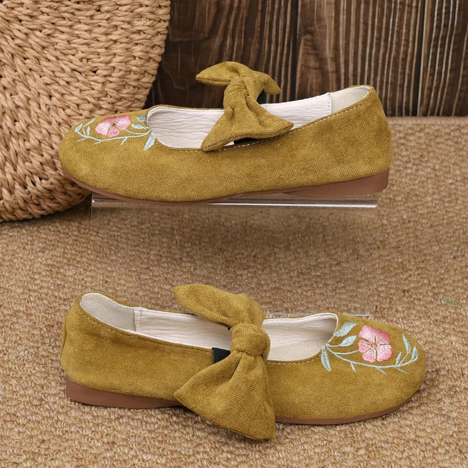 Womens Embroidered Flats Square Toe China Doll Mary Jane Shoes Big Bowknot Soft Suede Ballerina Ballet Flats Shoes