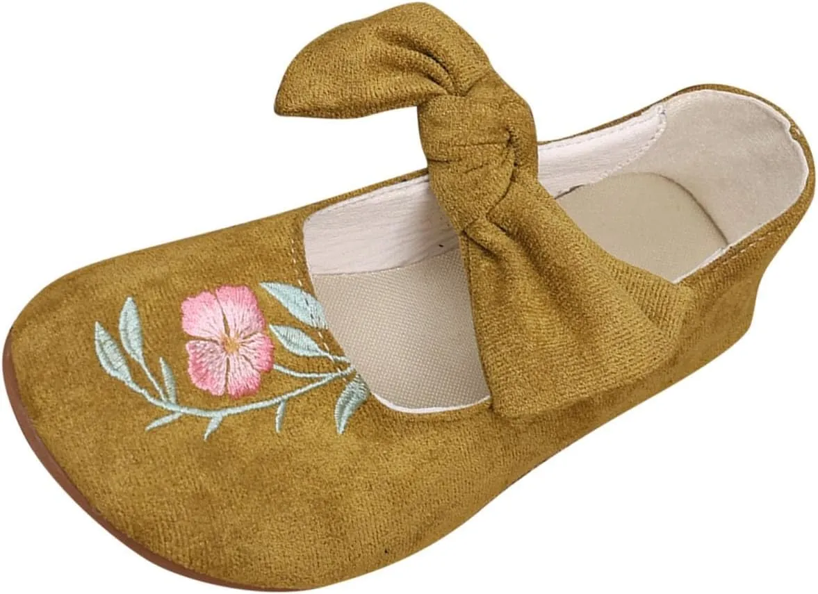 Womens Embroidered Flats Square Toe China Doll Mary Jane Shoes Big Bowknot Soft Suede Ballerina Ballet Flats Shoes