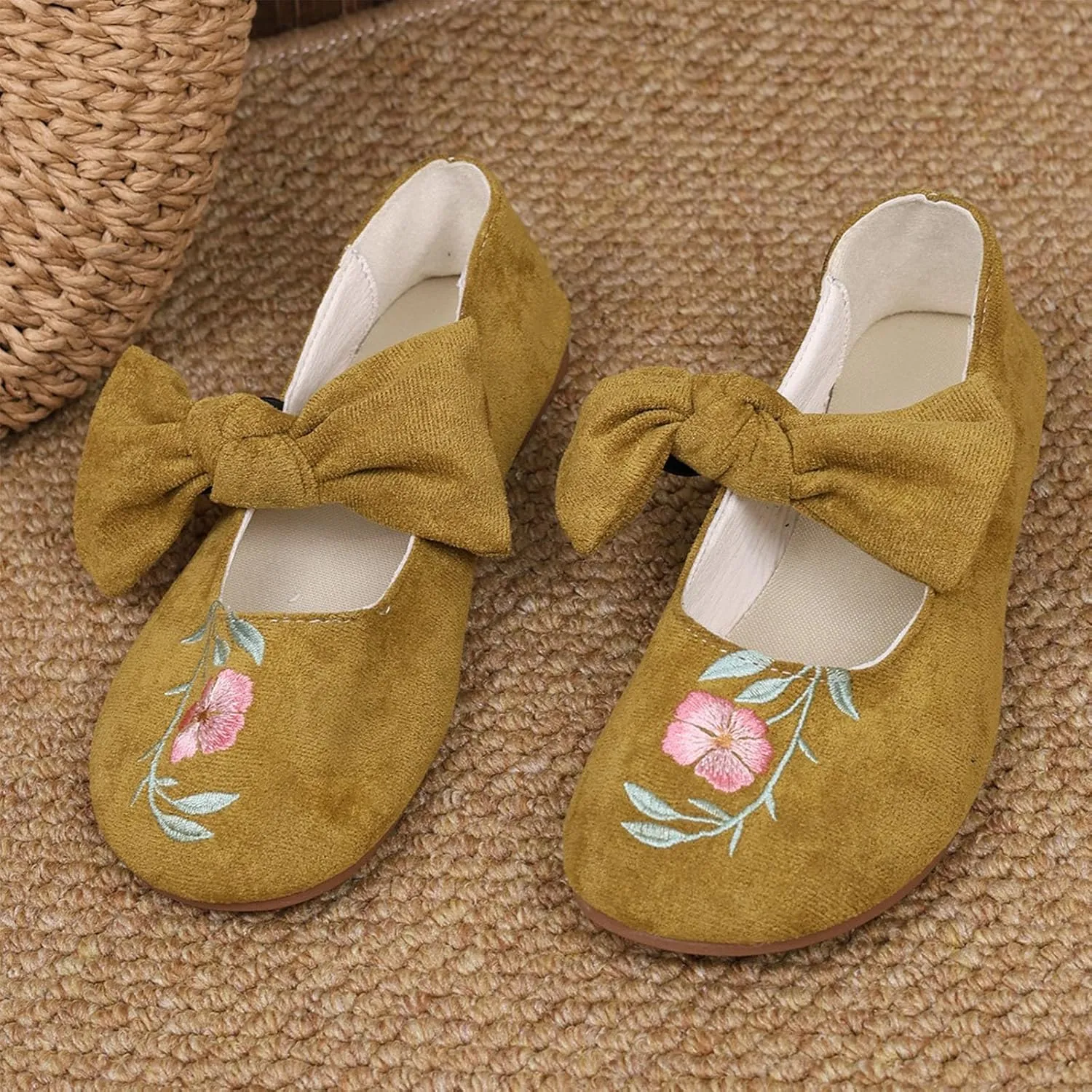 Womens Embroidered Flats Square Toe China Doll Mary Jane Shoes Big Bowknot Soft Suede Ballerina Ballet Flats Shoes