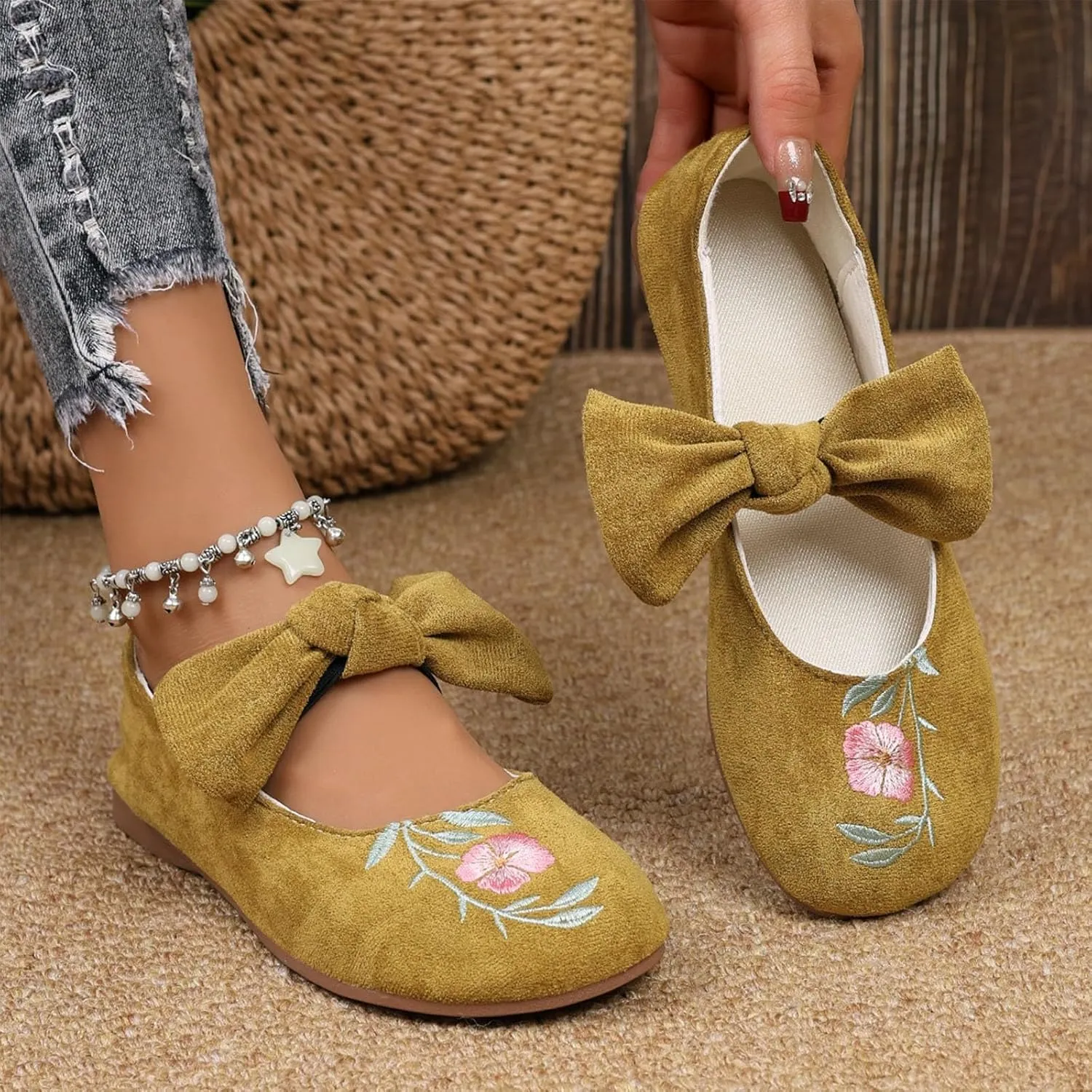 Womens Embroidered Flats Square Toe China Doll Mary Jane Shoes Big Bowknot Soft Suede Ballerina Ballet Flats Shoes