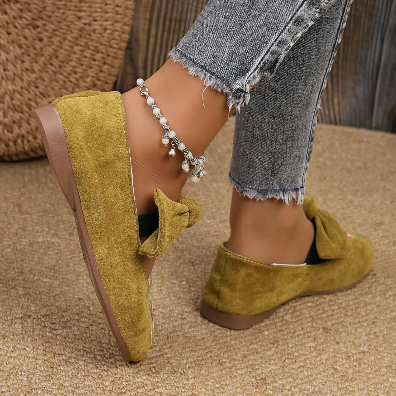 Womens Embroidered Flats Square Toe China Doll Mary Jane Shoes Big Bowknot Soft Suede Ballerina Ballet Flats Shoes