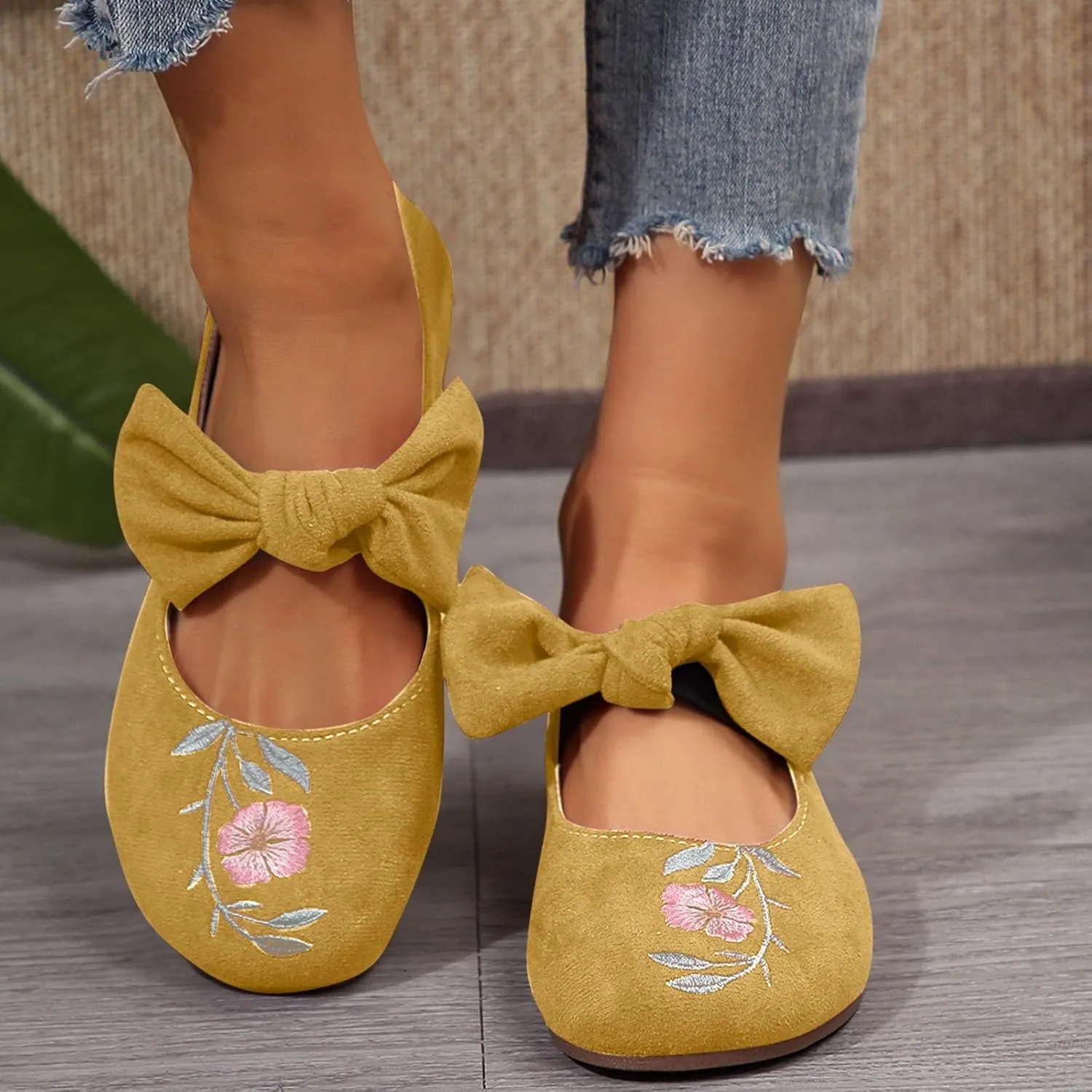 Womens Embroidered Flats Square Toe China Doll Mary Jane Shoes Big Bowknot Soft Suede Ballerina Ballet Flats Shoes