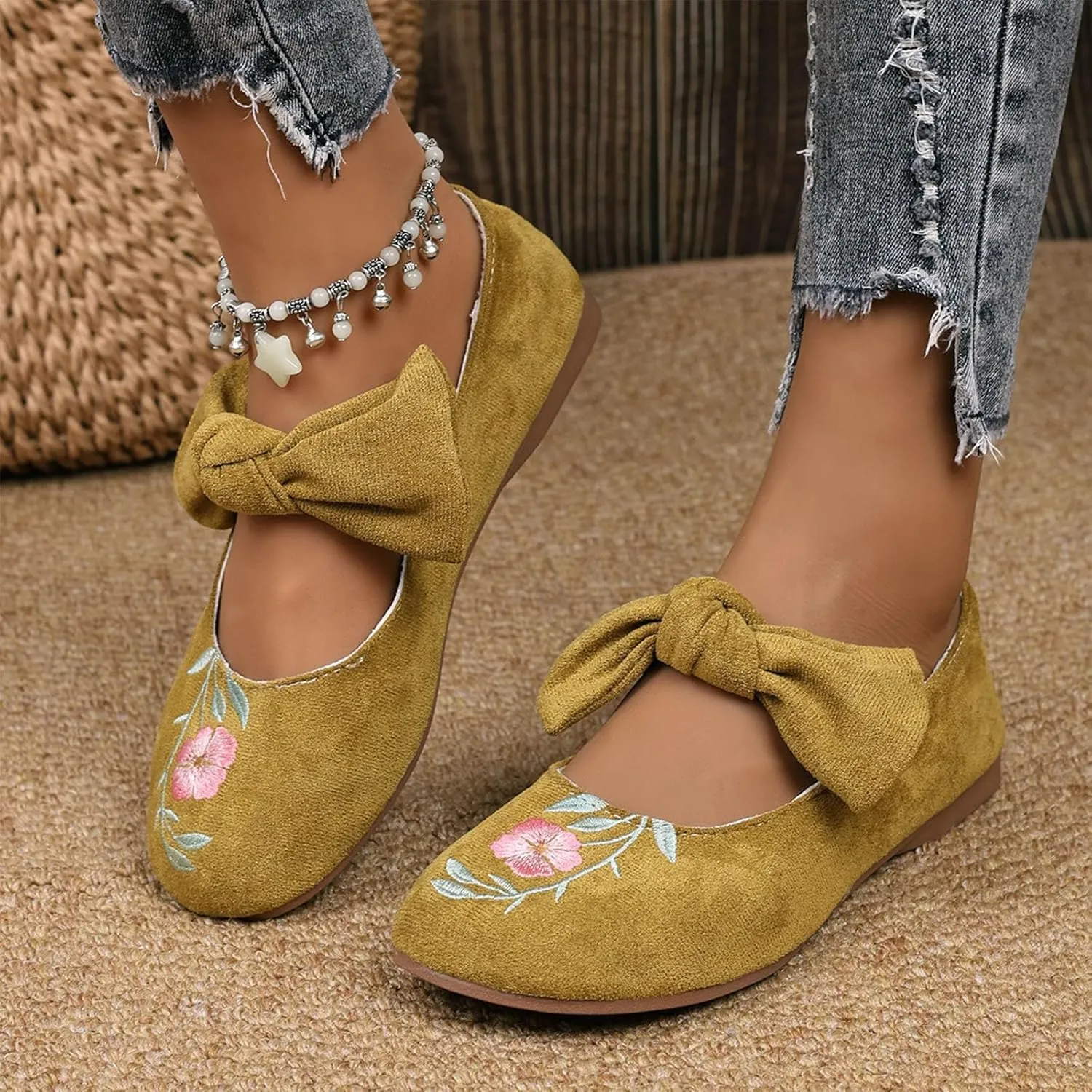 Womens Embroidered Flats Square Toe China Doll Mary Jane Shoes Big Bowknot Soft Suede Ballerina Ballet Flats Shoes