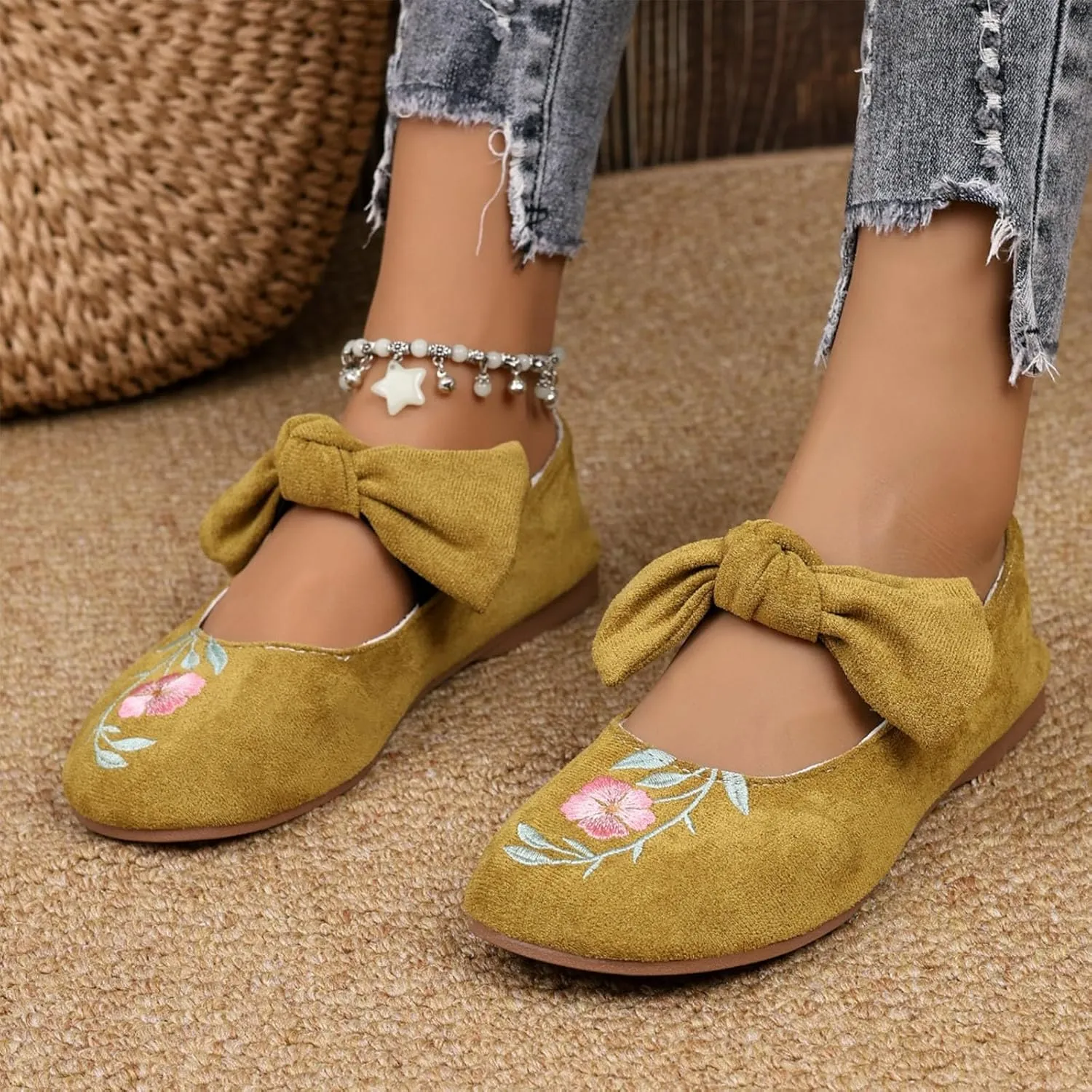 Womens Embroidered Flats Square Toe China Doll Mary Jane Shoes Big Bowknot Soft Suede Ballerina Ballet Flats Shoes