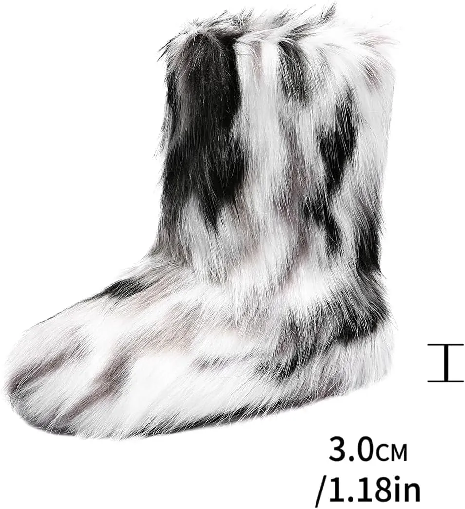 Women's Faux Fur Fuzzy Fluffy Mid Calf Snow Boots - Suede Winter Warm Fur Lined Booties