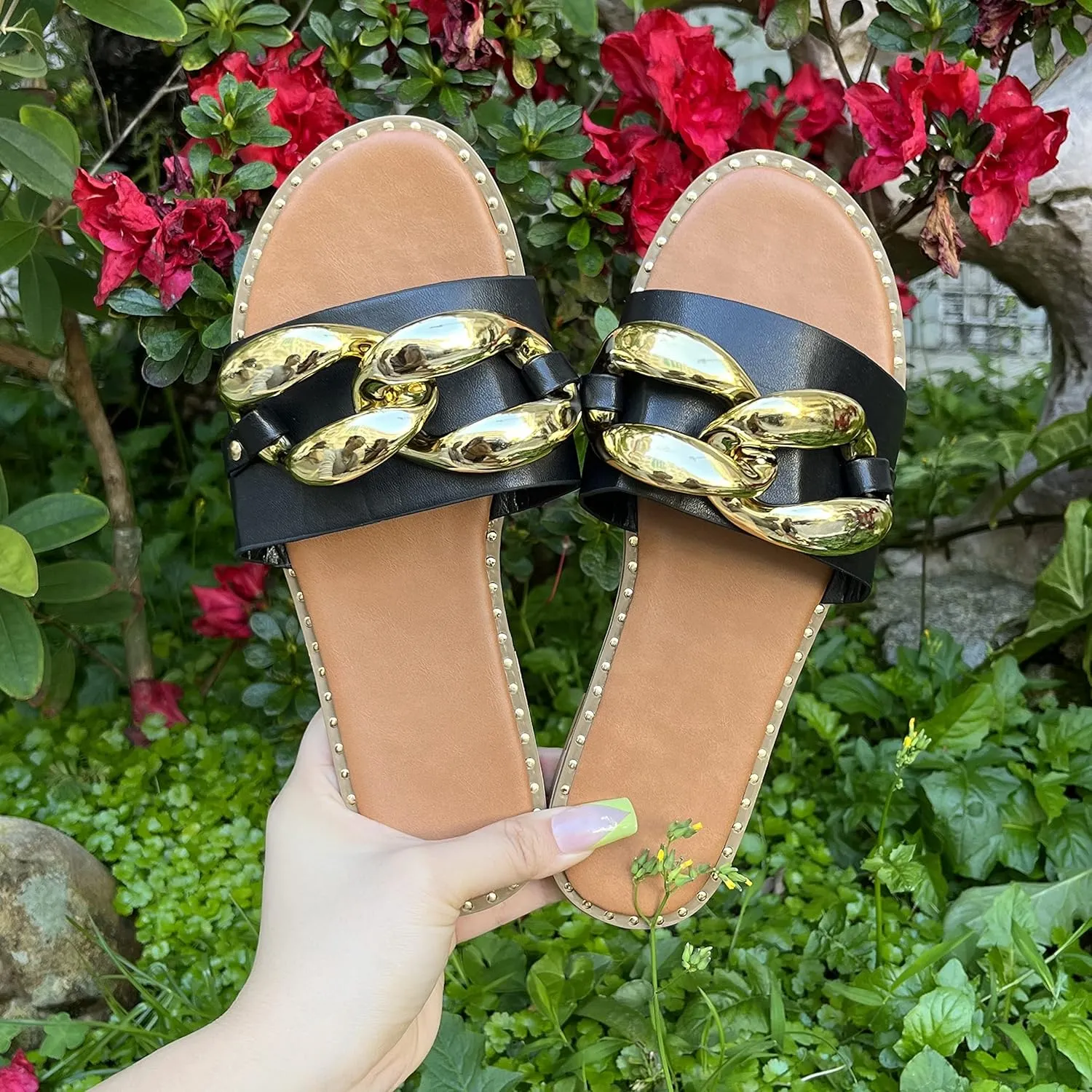 Women's Flat Heels Open Toe Backless Slippers Metallic Chains Slip On Summer Indoor Outdoor Slide Sandals.