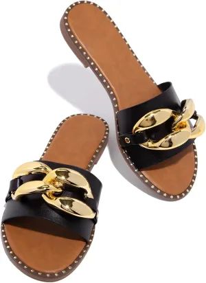 Women's Flat Heels Open Toe Backless Slippers Metallic Chains Slip On Summer Indoor Outdoor Slide Sandals.