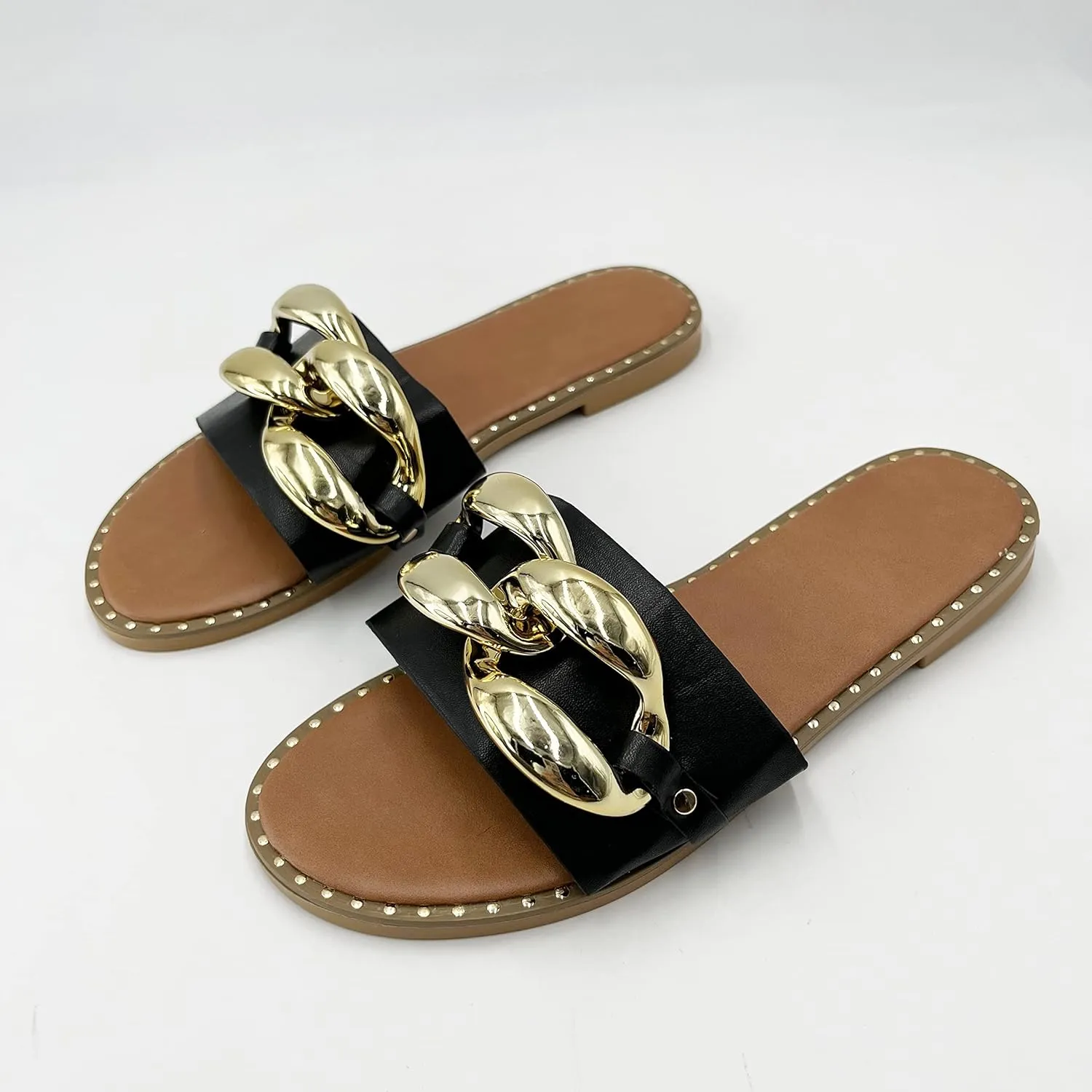 Women's Flat Heels Open Toe Backless Slippers Metallic Chains Slip On Summer Indoor Outdoor Slide Sandals.